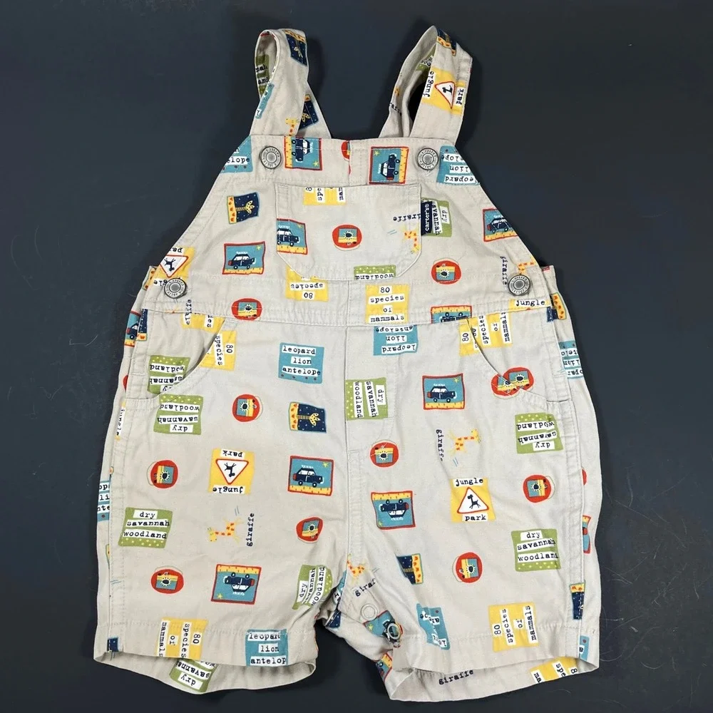 Vintage Carters Safari Animal Print Shortalls Boys 12-18M Tan Jungle Overalls